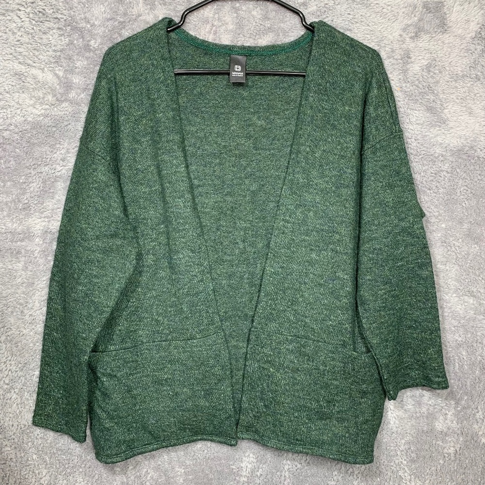 Manam Women's Open Front Cardigan Green Long Sleeve Size S Pockets Polyester Ble